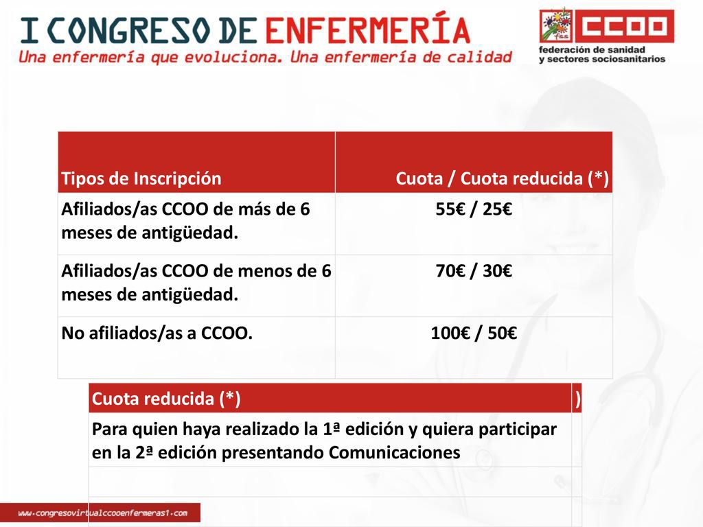 Tipos de Inscripción Cuota / Cuota reducida (*) Afiliados/as CCOO de más de 6 meses de antigüedad.