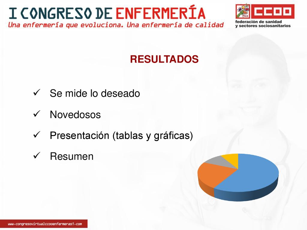 RESULTADOS Se mide lo deseado Novedosos Presentación (tablas y gráficas) Resumen