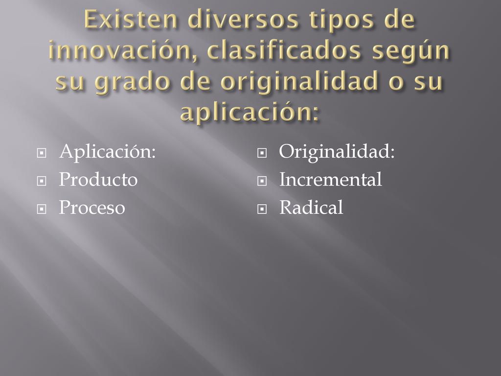 Existen diversos tipos de innovación, clasificados según su grado de originalidad o su aplicación: