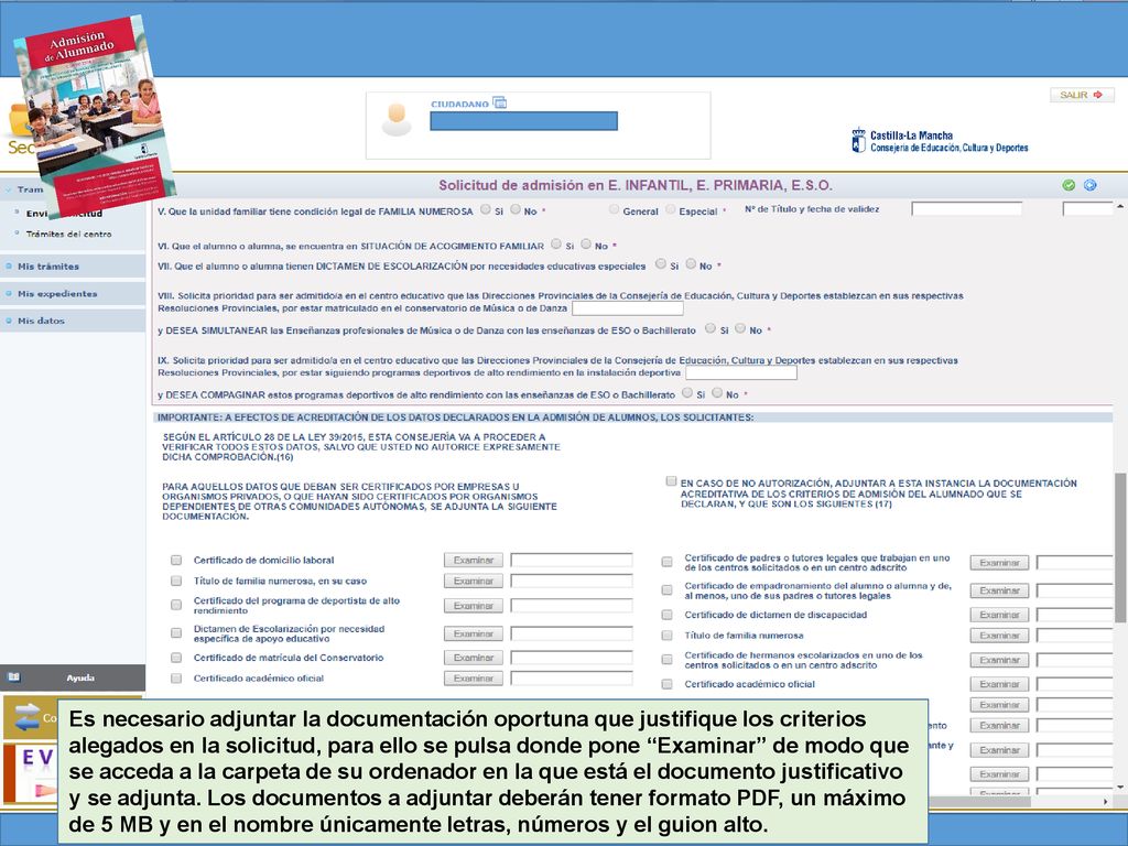 Es necesario adjuntar la documentación oportuna que justifique los criterios alegados en la solicitud, para ello se pulsa donde pone Examinar de modo que se acceda a la carpeta de su ordenador en la que está el documento justificativo y se adjunta.