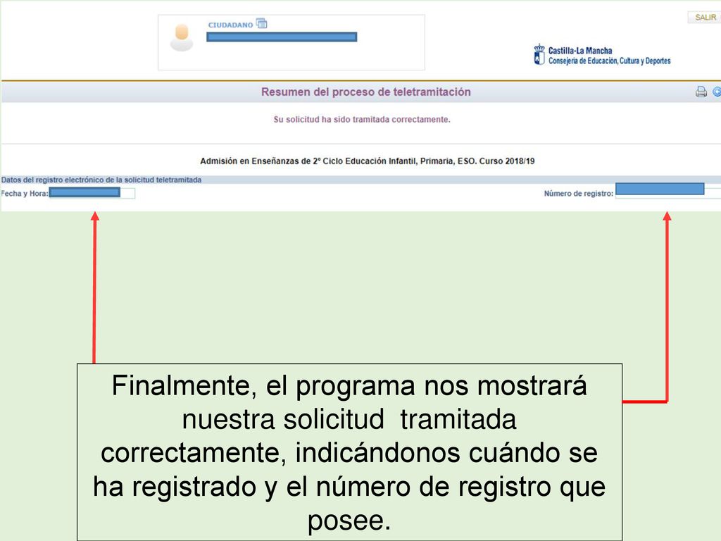 Finalmente, el programa nos mostrará nuestra solicitud tramitada correctamente, indicándonos cuándo se ha registrado y el número de registro que posee.