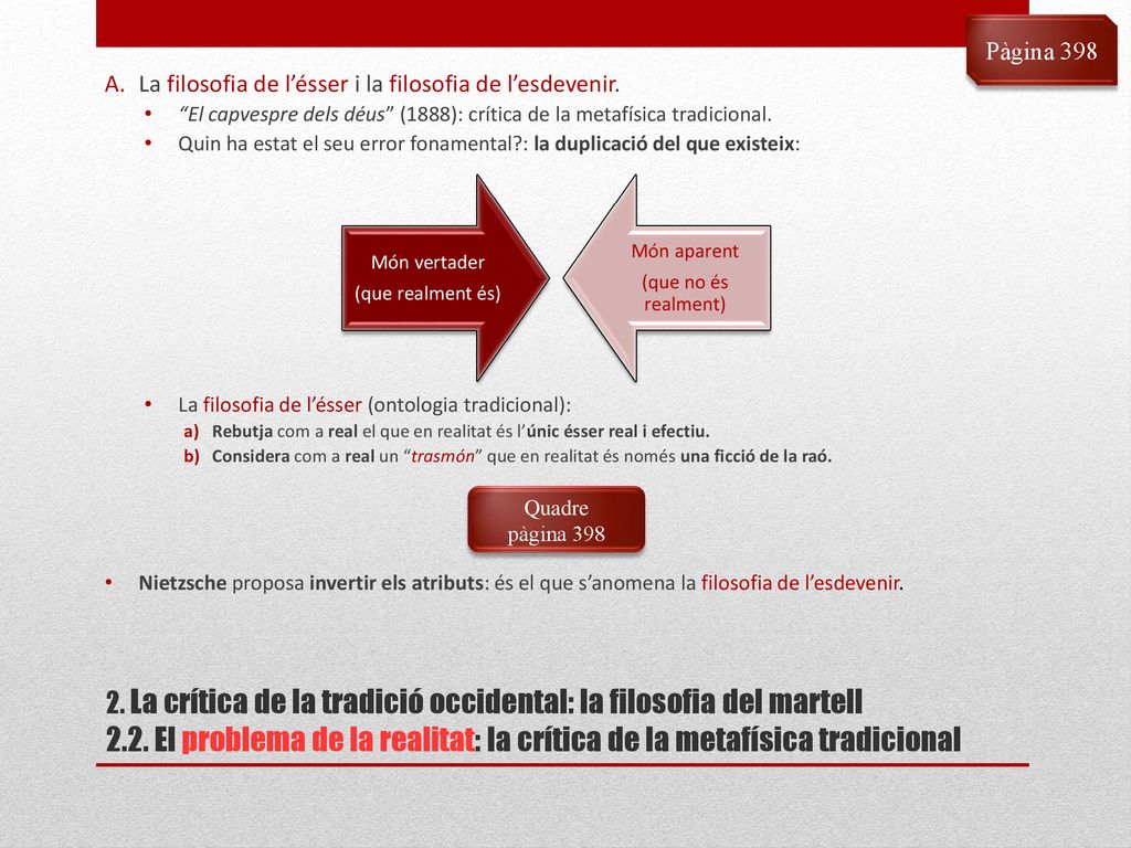 Pàgina 398 La filosofia de l’ésser i la filosofia de l’esdevenir. El capvespre dels déus (1888): crítica de la metafísica tradicional.