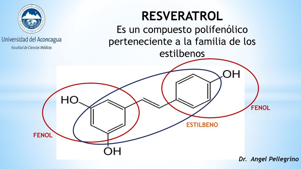 RESVERATROL Es un compuesto polifenólico perteneciente a la familia de los estilbenos. FENOL. ESTILBENO.