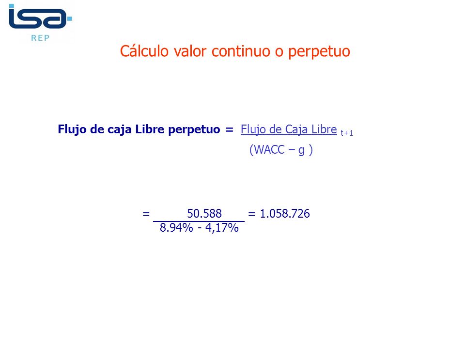 (WACC – g ) Cálculo valor continuo o perpetuo