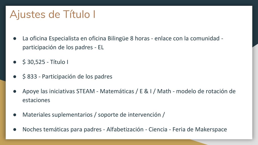 Ajustes de Título I La oficina Especialista en oficina Bilingüe 8 horas - enlace con la comunidad - participación de los padres - EL.