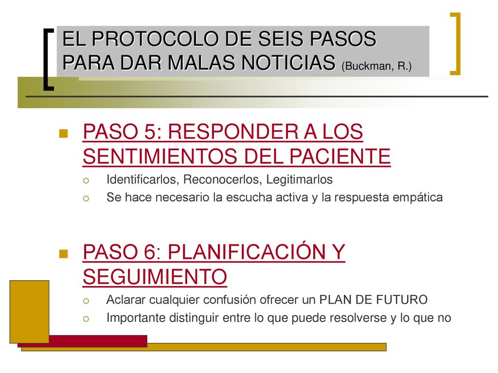 EL PROTOCOLO DE SEIS PASOS PARA DAR MALAS NOTICIAS (Buckman, R.)