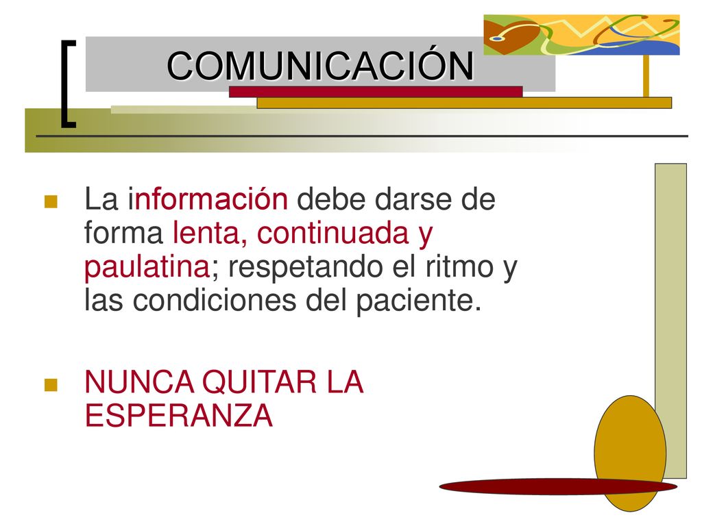 COMUNICACIÓN La información debe darse de forma lenta, continuada y paulatina; respetando el ritmo y las condiciones del paciente.