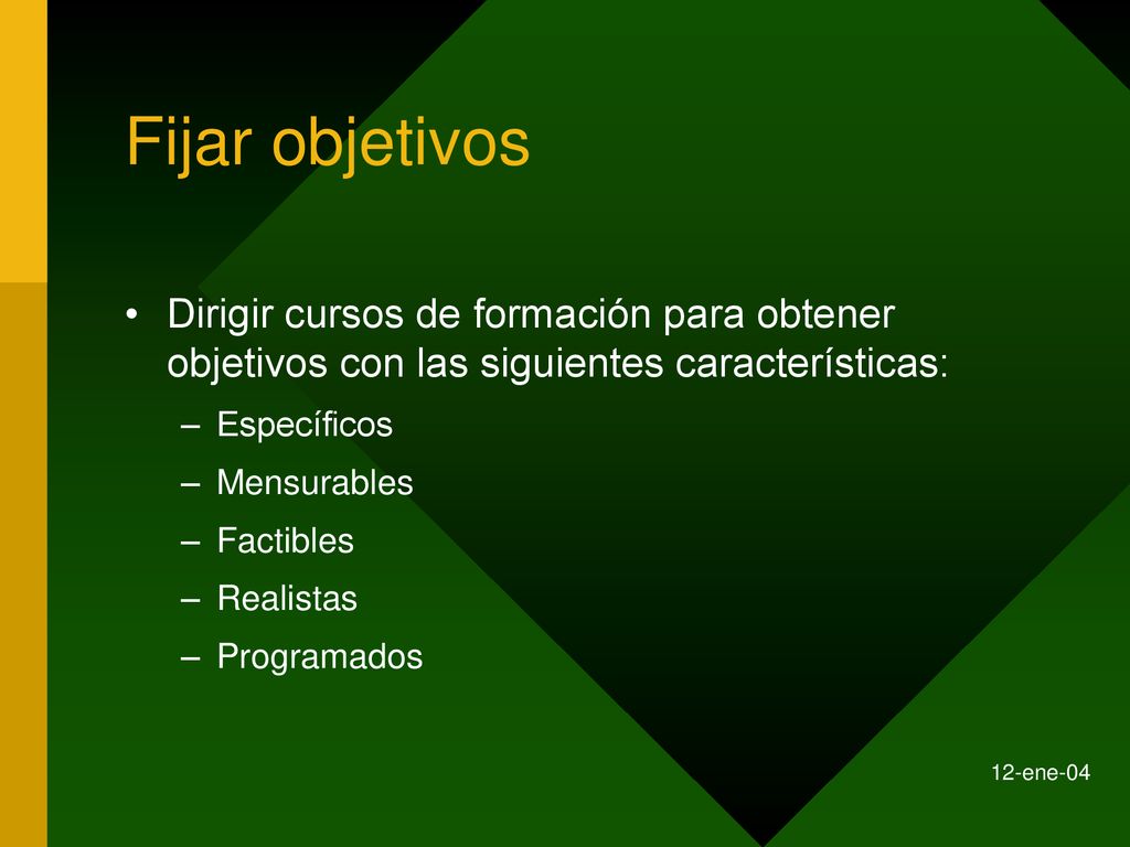 Fijar objetivos Dirigir cursos de formación para obtener objetivos con las siguientes características: