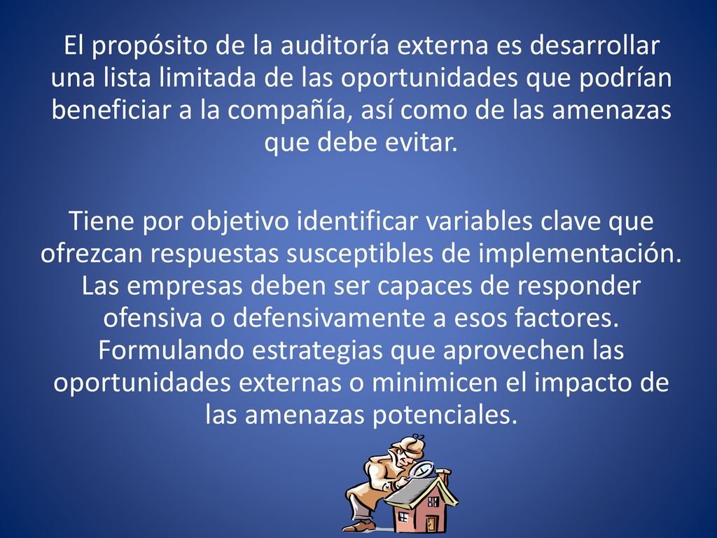 El propósito de la auditoría externa es desarrollar una lista limitada de las oportunidades que podrían beneficiar a la compañía, así como de las amenazas que debe evitar.