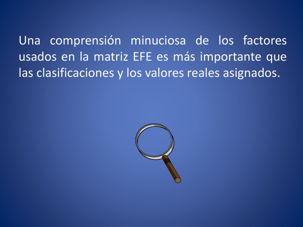 Una comprensión minuciosa de los factores usados en la matriz EFE es más importante que las clasificaciones y los valores reales asignados.