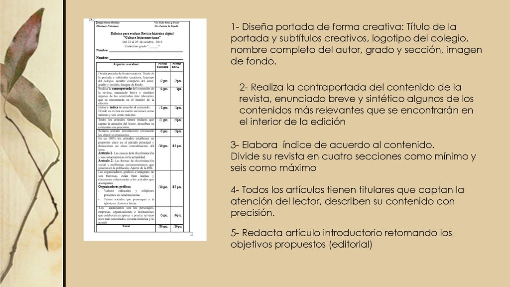1- Diseña portada de forma creativa: Título de la portada y subtítulos creativos, logotipo del colegio, nombre completo del autor, grado y sección, imagen de fondo.