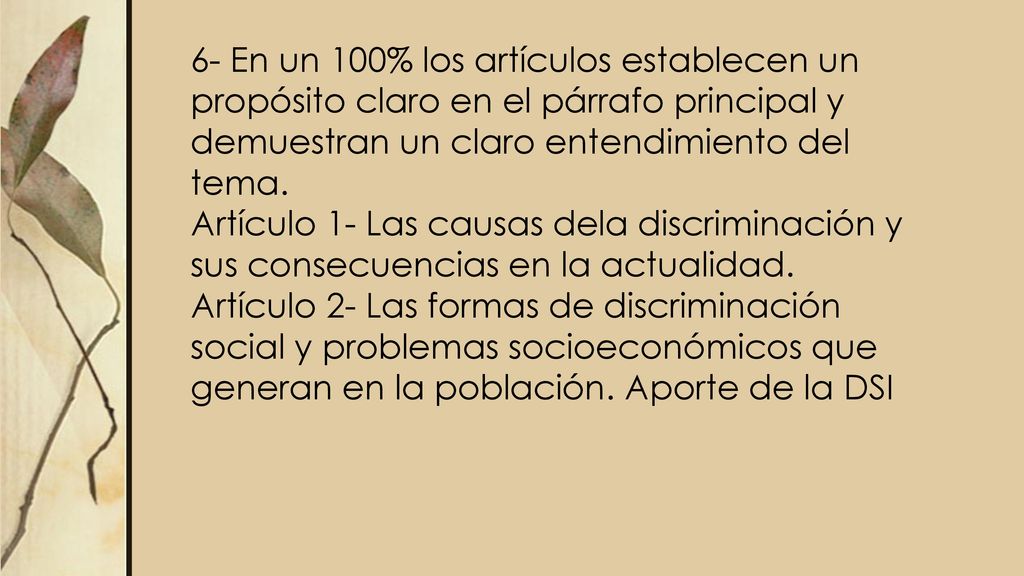 6- En un 100% los artículos establecen un propósito claro en el párrafo principal y demuestran un claro entendimiento del tema.