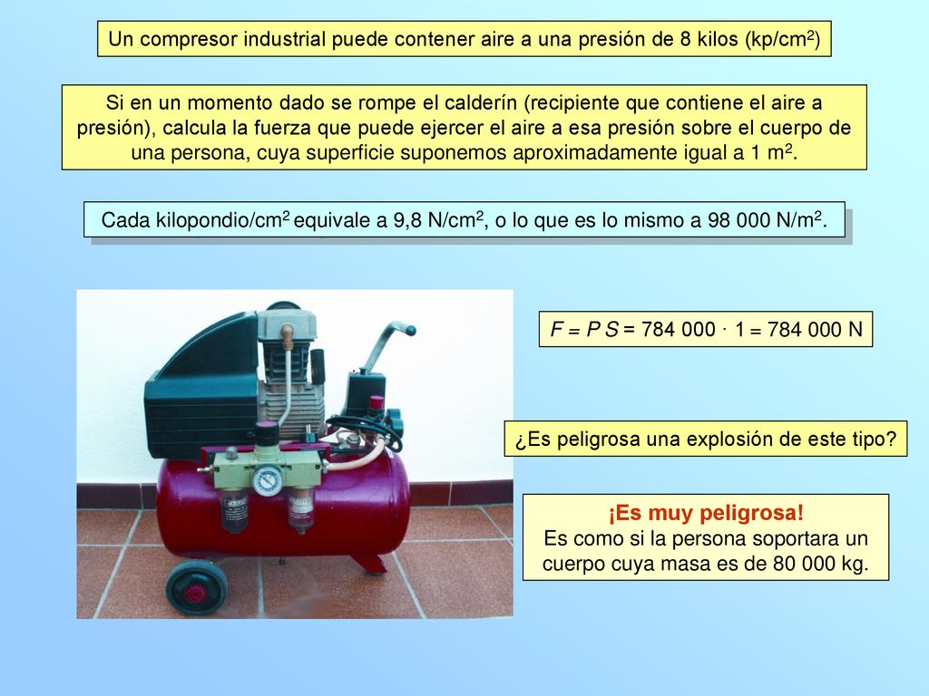 Un compresor industrial puede contener aire a una presión de 8 kilos (kp/cm2)