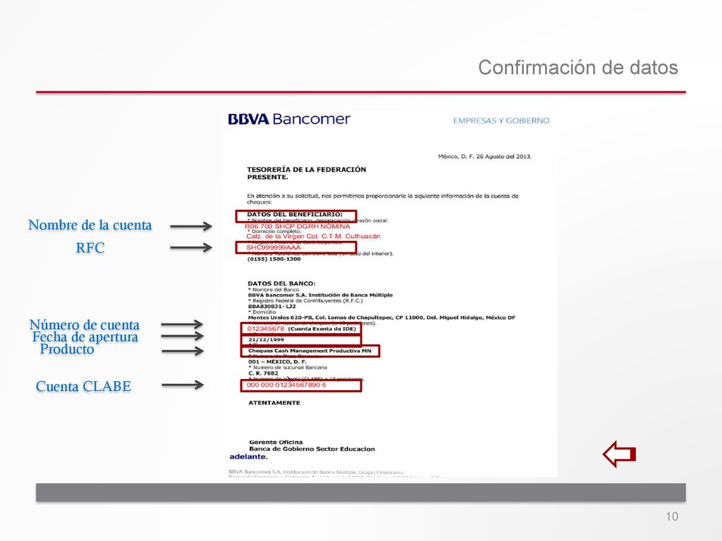 Confirmación de datos Nombre de la cuenta RFC Número de cuenta