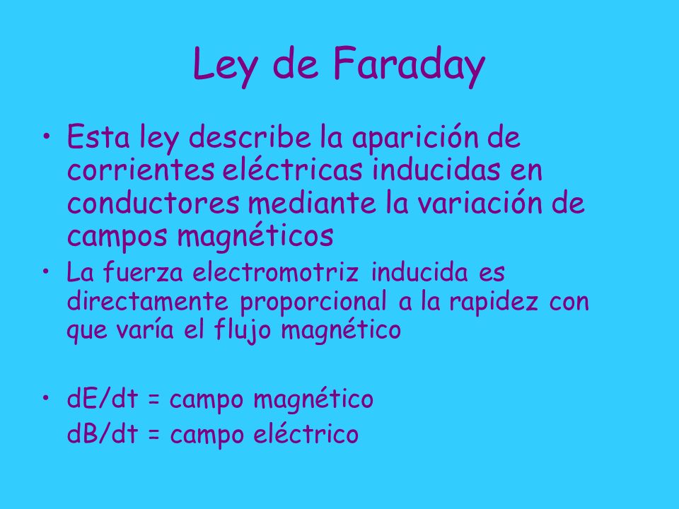 Ley de Faraday Esta ley describe la aparición de corrientes eléctricas inducidas en conductores mediante la variación de campos magnéticos.