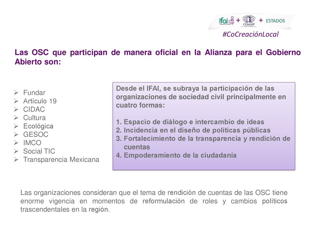 Las OSC que participan de manera oficial en la Alianza para el Gobierno Abierto son: