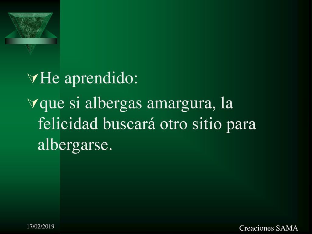 He aprendido: que si albergas amargura, la felicidad buscará otro sitio para albergarse. 17/02/2019.