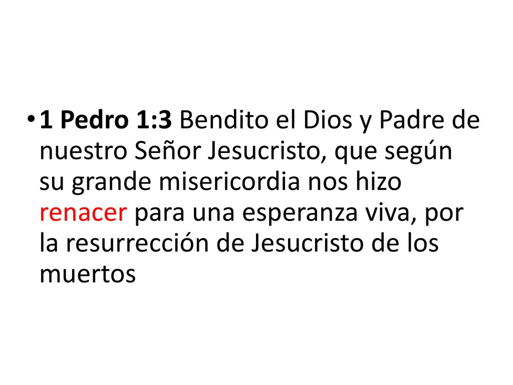 1 Pedro 1:3 Bendito el Dios y Padre de nuestro Señor Jesucristo, que según su grande misericordia nos hizo renacer para una esperanza viva, por la resurrección de Jesucristo de los muertos