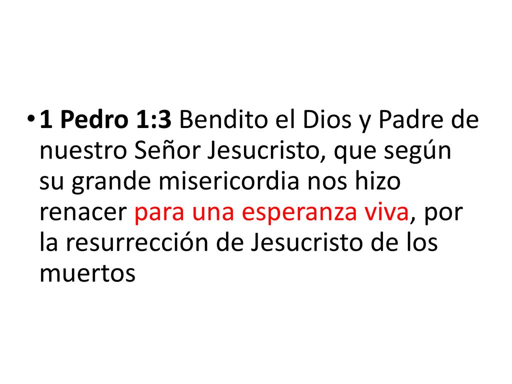 1 Pedro 1:3 Bendito el Dios y Padre de nuestro Señor Jesucristo, que según su grande misericordia nos hizo renacer para una esperanza viva, por la resurrección de Jesucristo de los muertos