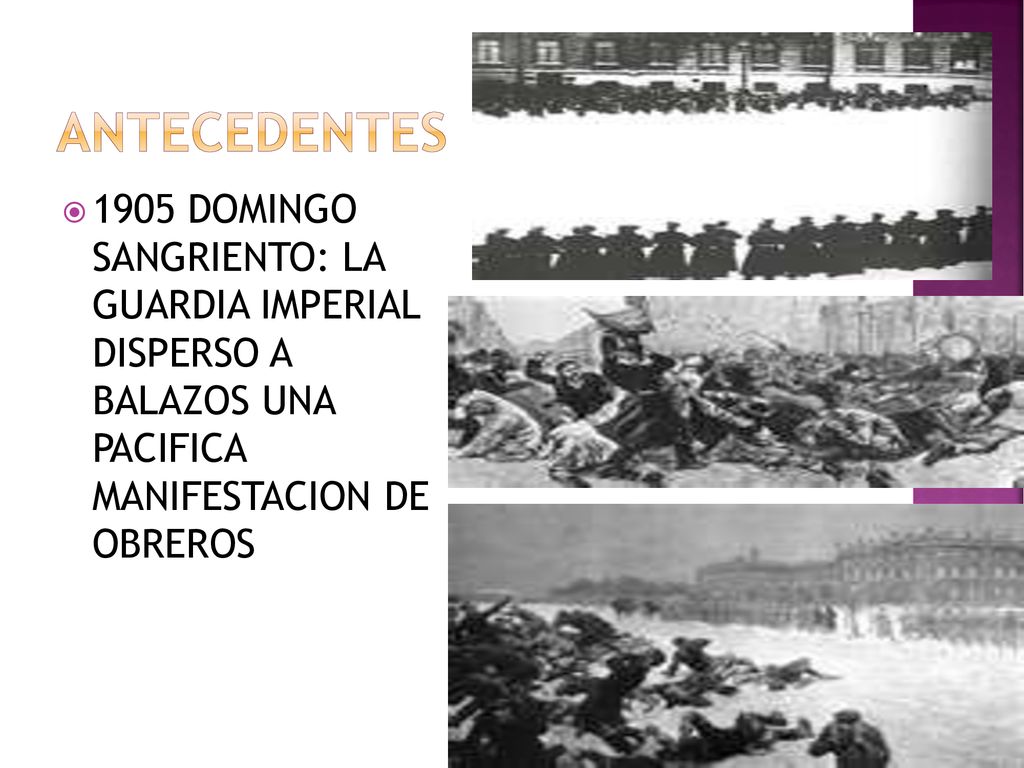 ANTECEDENTES 1905 DOMINGO SANGRIENTO: LA GUARDIA IMPERIAL DISPERSO A BALAZOS UNA PACIFICA MANIFESTACION DE OBREROS.