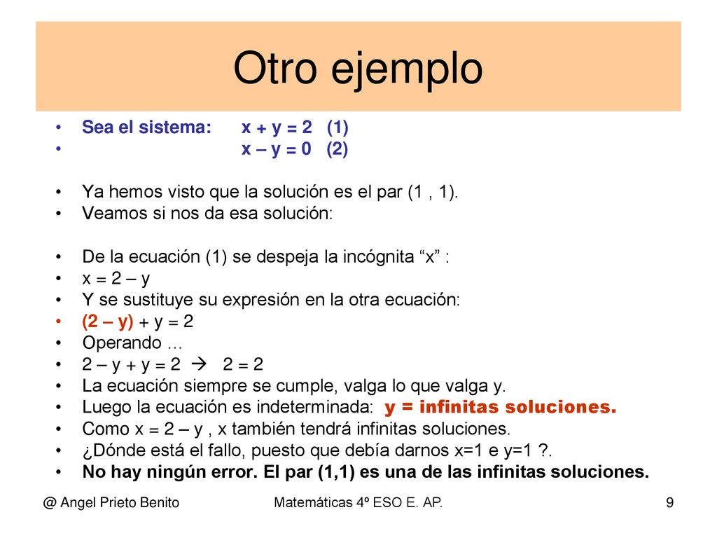 Otro ejemplo Sea el sistema: x + y = 2 (1) x – y = 0 (2)