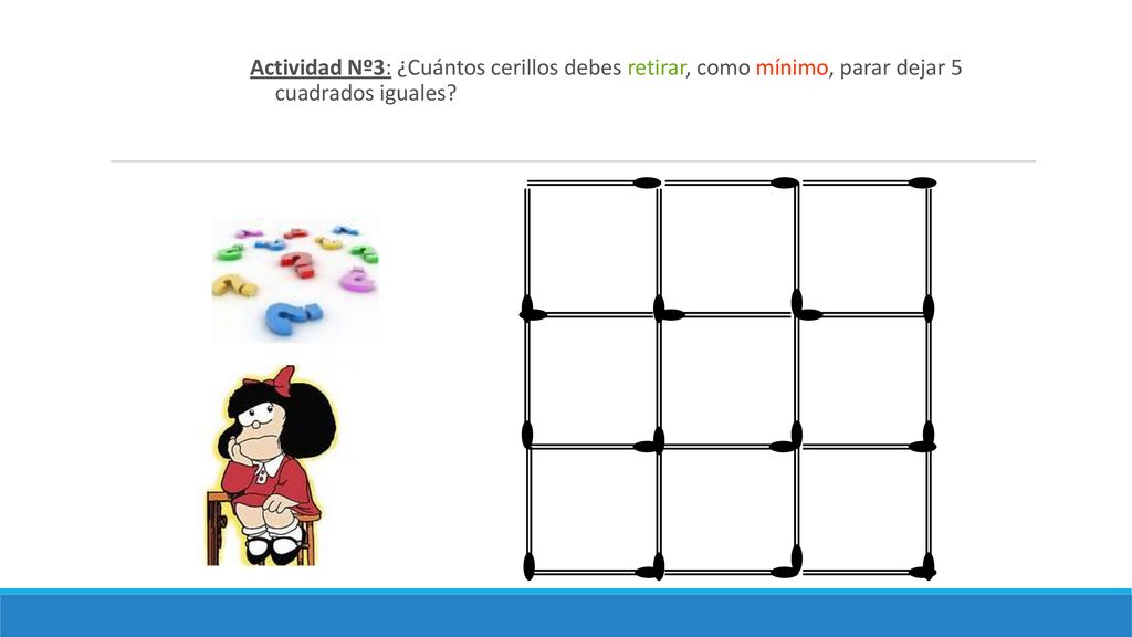 11 ro Coanmat Actividad Nº3: ¿Cuántos cerillos debes retirar, como mínimo, parar dejar 5 cuadrados iguales