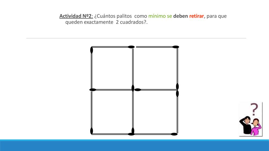 11 ro Coanmat Actividad Nº2: ¿Cuántos palitos como mínimo se deben retirar, para que queden exactamente 2 cuadrados .