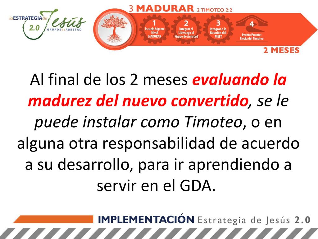 Al final de los 2 meses evaluando la madurez del nuevo convertido, se le puede instalar como Timoteo, o en alguna otra responsabilidad de acuerdo a su desarrollo, para ir aprendiendo a servir en el GDA.