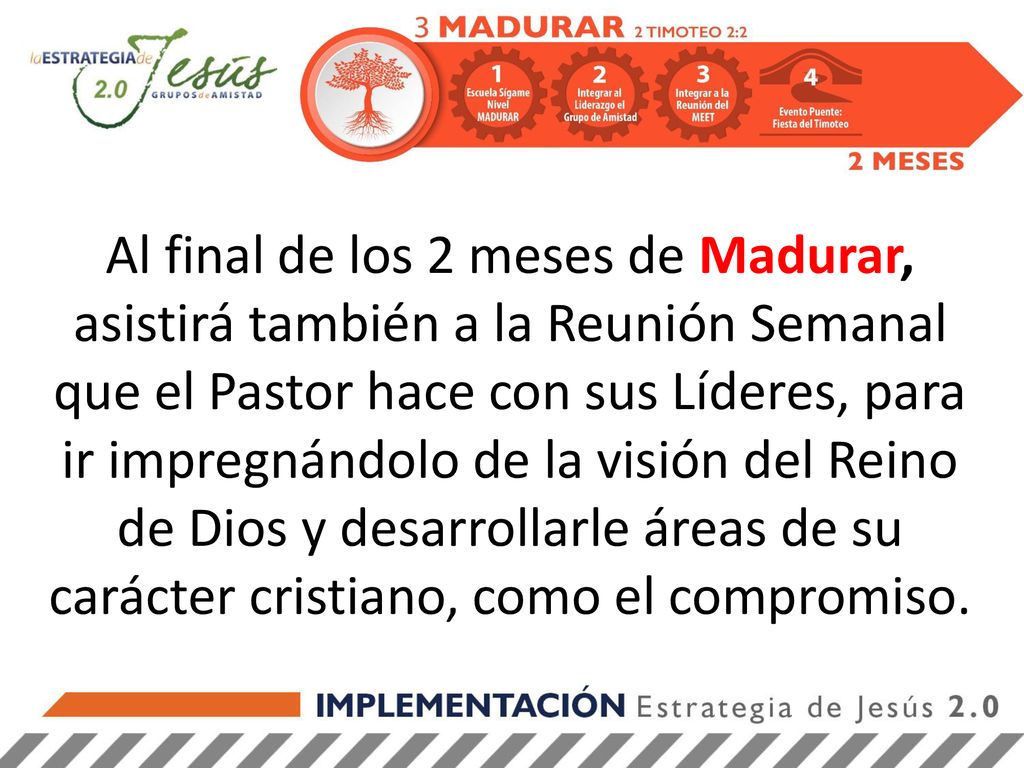 Al final de los 2 meses de Madurar, asistirá también a la Reunión Semanal que el Pastor hace con sus Líderes, para ir impregnándolo de la visión del Reino de Dios y desarrollarle áreas de su carácter cristiano, como el compromiso.
