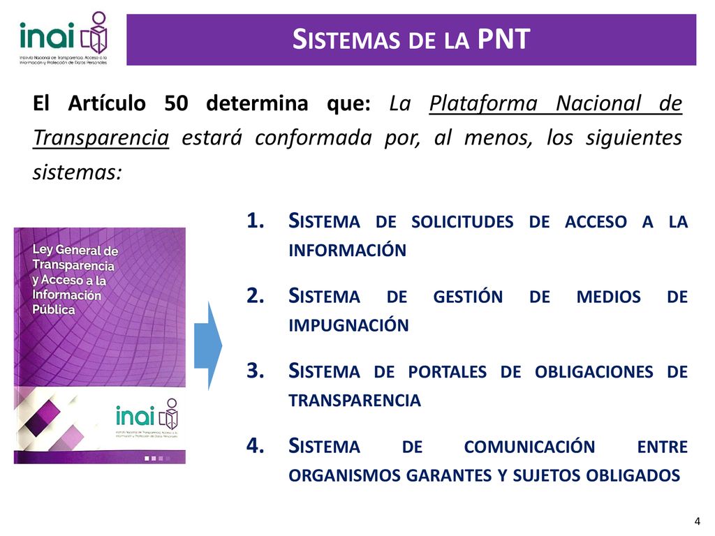 Sistemas de la PNT El Artículo 50 determina que: La Plataforma Nacional de Transparencia estará conformada por, al menos, los siguientes sistemas: