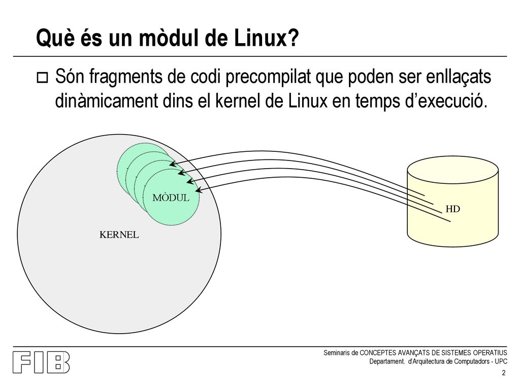 Què és un mòdul de Linux Són fragments de codi precompilat que poden ser enllaçats dinàmicament dins el kernel de Linux en temps d’execució.