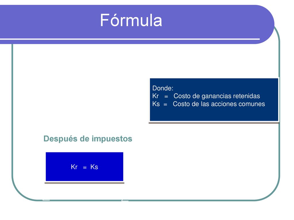 Fórmula Después de impuestos Donde: Kr = Costo de ganancias retenidas