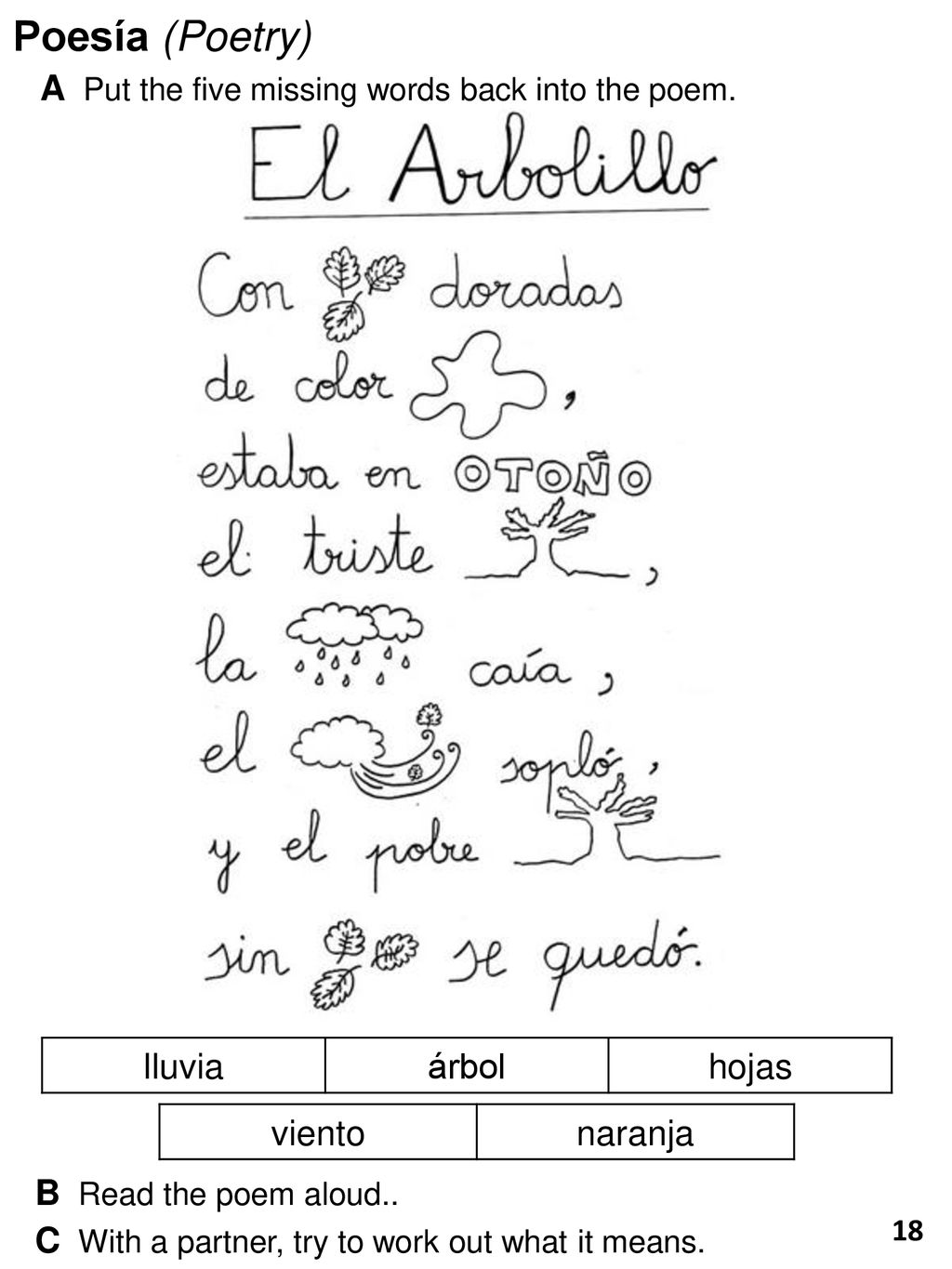 Poesía (Poetry) A Put the five missing words back into the poem.