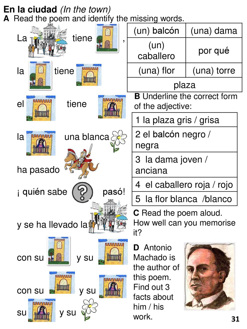 En la ciudad (In the town) (un) balcón (una) dama