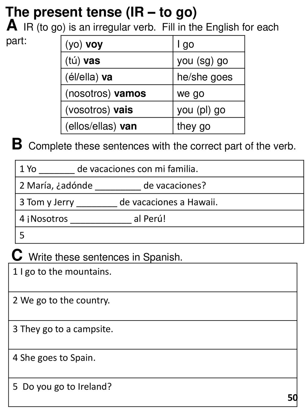 A IR (to go) is an irregular verb. Fill in the English for each part: