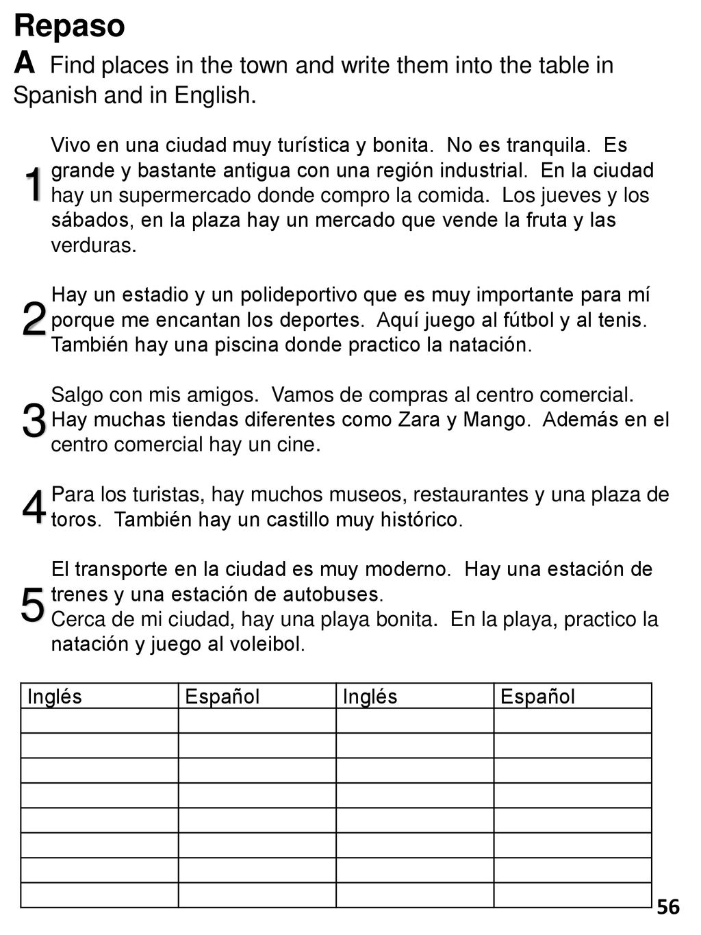 Repaso A Find places in the town and write them into the table in Spanish and in English. Mi Ciudad.
