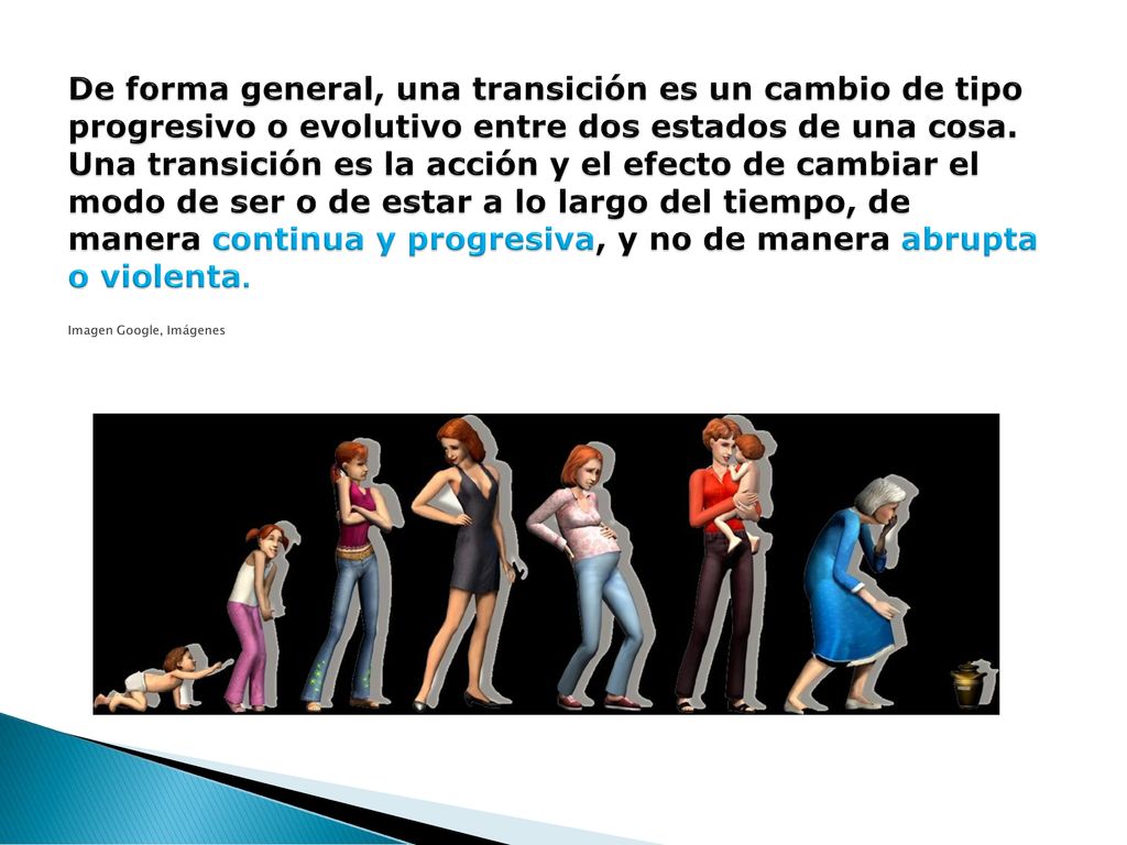 De forma general, una transición es un cambio de tipo progresivo o evolutivo entre dos estados de una cosa.