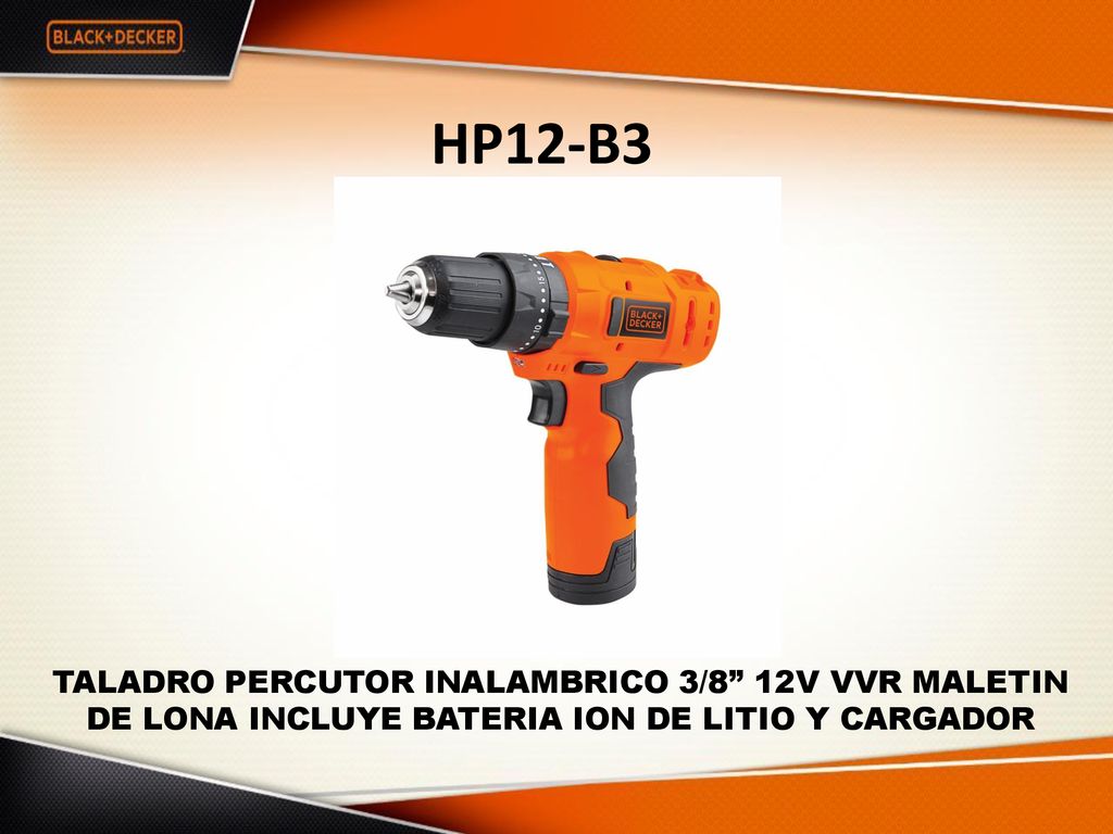 HP12-B3 TALADRO PERCUTOR INALAMBRICO 3/8 12V VVR MALETIN DE LONA INCLUYE BATERIA ION DE LITIO Y CARGADOR.