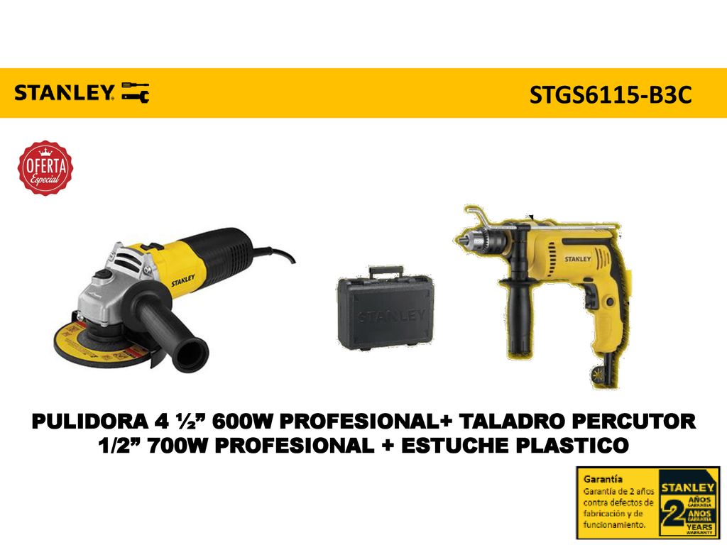 STGS6115-B3C PULIDORA 4 ½ 600W PROFESIONAL+ TALADRO PERCUTOR 1/2 700W PROFESIONAL + ESTUCHE PLASTICO.