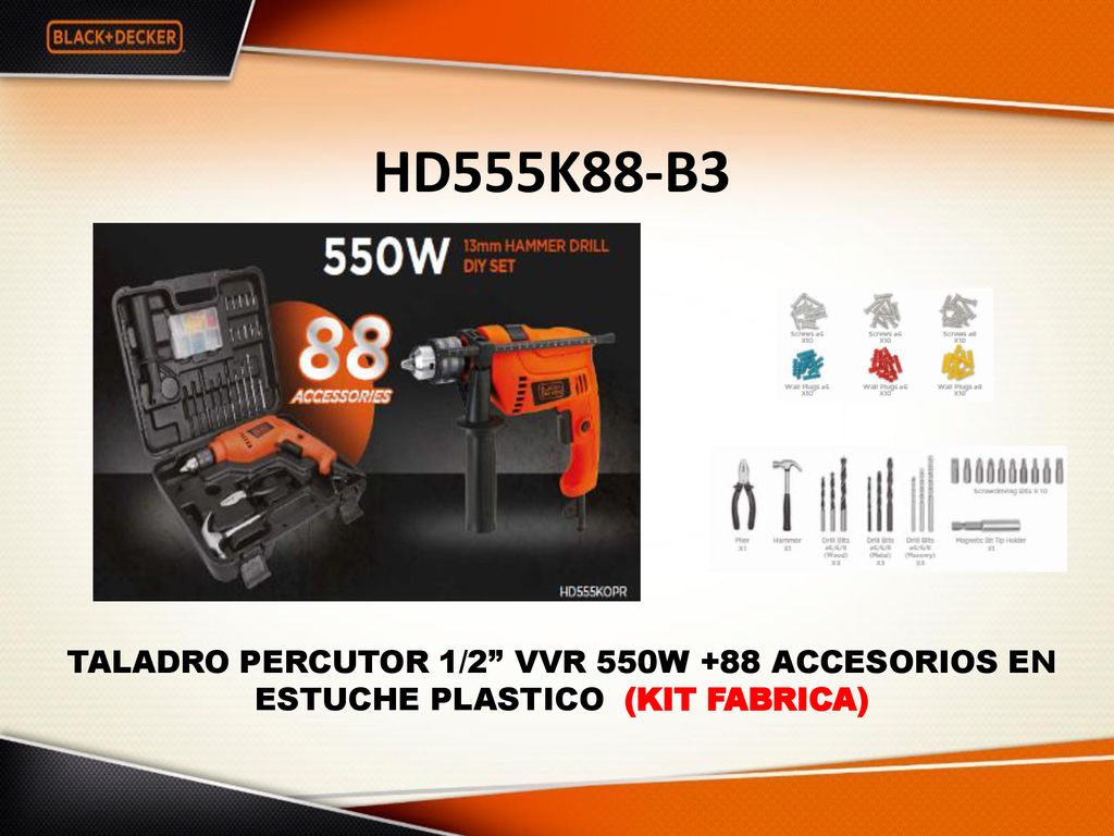 HD555K88-B3 TALADRO PERCUTOR 1/2 VVR 550W +88 ACCESORIOS EN ESTUCHE PLASTICO (KIT FABRICA)
