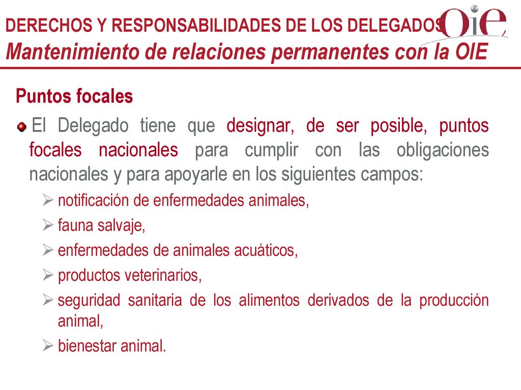 DERECHOS Y RESPONSABILIDADES DE LOS DELEGADOS Mantenimiento de relaciones permanentes con la OIE
