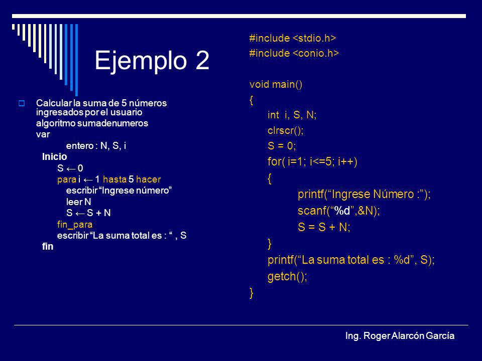 Ejemplo 2 for( i=1; i<=5; i++) printf( Ingrese Número : );