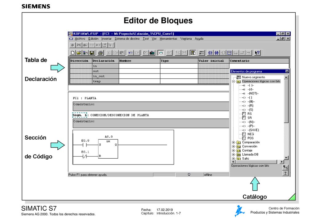 Editor de Bloques Tabla de Declaración Sección de Código Catálogo