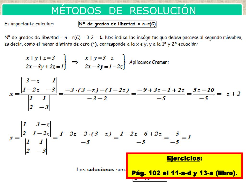 MÉTODOS DE RESOLUCIÓN Método de Cramer Método Gauss de Ejercicios: