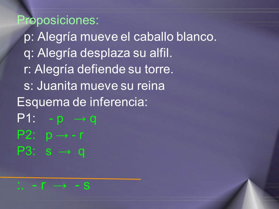 :. - r → - s Proposiciones: p: Alegría mueve el caballo blanco.