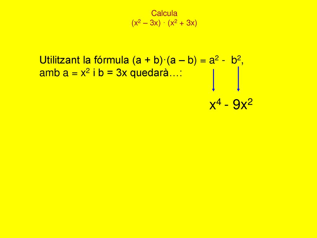 x4 - 9x2 Utilitzant la fórmula (a + b)·(a – b) = a2 - b2,