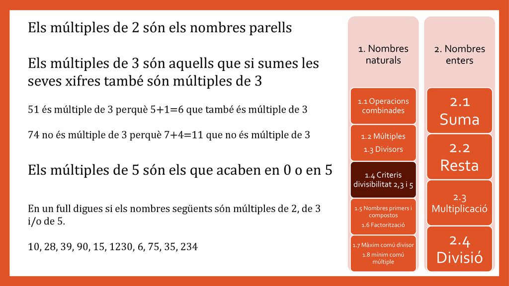 1. Nombres naturals 1.1 Operacions combinades. 1.2 Múltiples. 1.3 Divisors. 1.4 Criteris divisibilitat 2,3 i 5.
