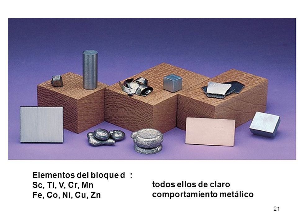 Elementos del bloque d : Sc, Ti, V, Cr, Mn Fe, Co, Ni, Cu, Zn