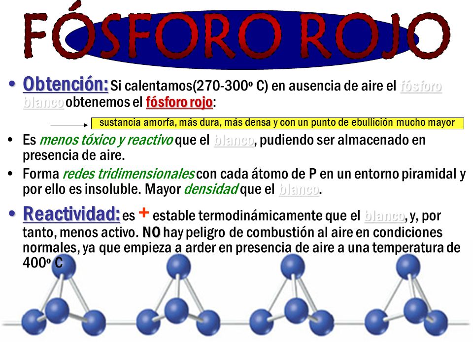 FÓSFORO ROJO Obtención: Si calentamos( º C) en ausencia de aire el fósforo blanco obtenemos el fósforo rojo: