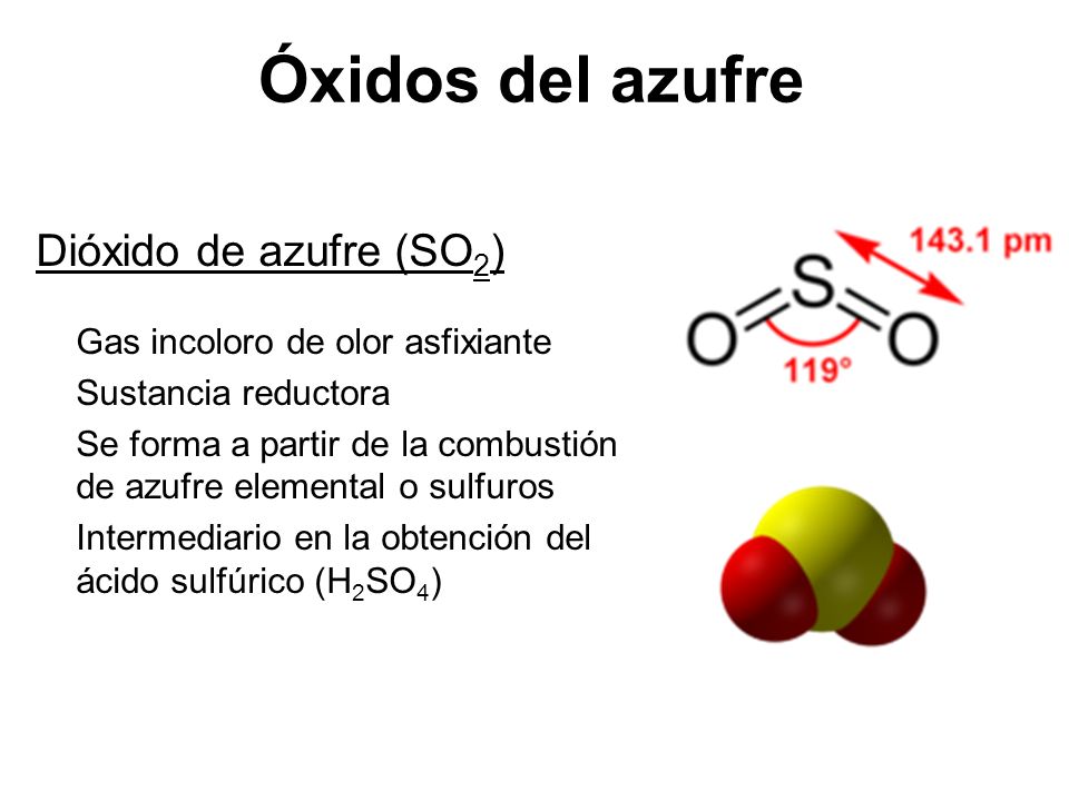 Óxidos del azufre Dióxido de azufre (SO2) Gas incoloro de olor asfixiante. Sustancia reductora.
